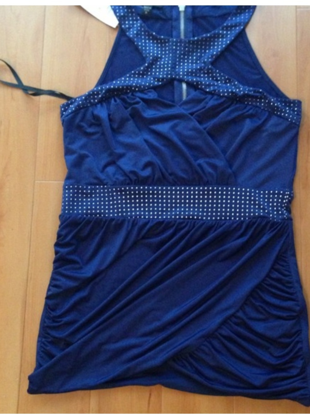 Bebe Blue Beaded Studded Embellished Cutout Sleeveless Ruched Design Top